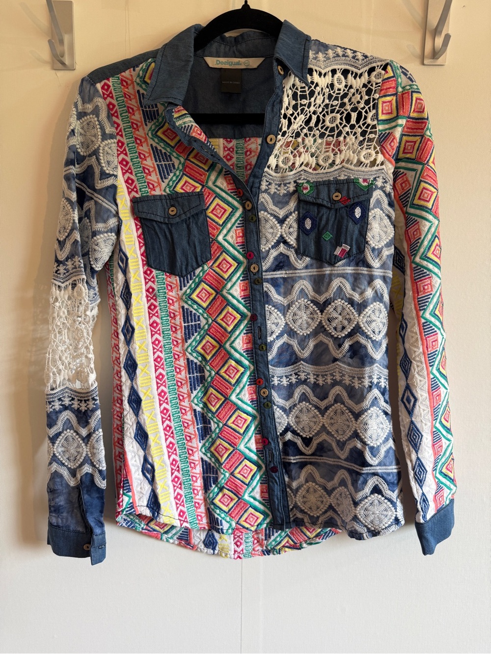 Desigual Patchwork Embroidered Lace Chambray Button Shirt Boho XS Colorful